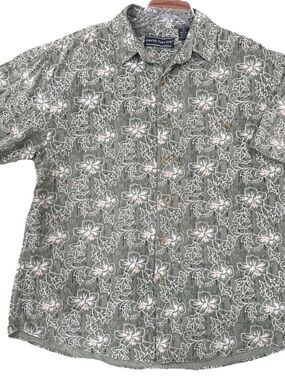David Taylor Silk Hawaiian Shirt Mens Large Sage Green Floral Button Up